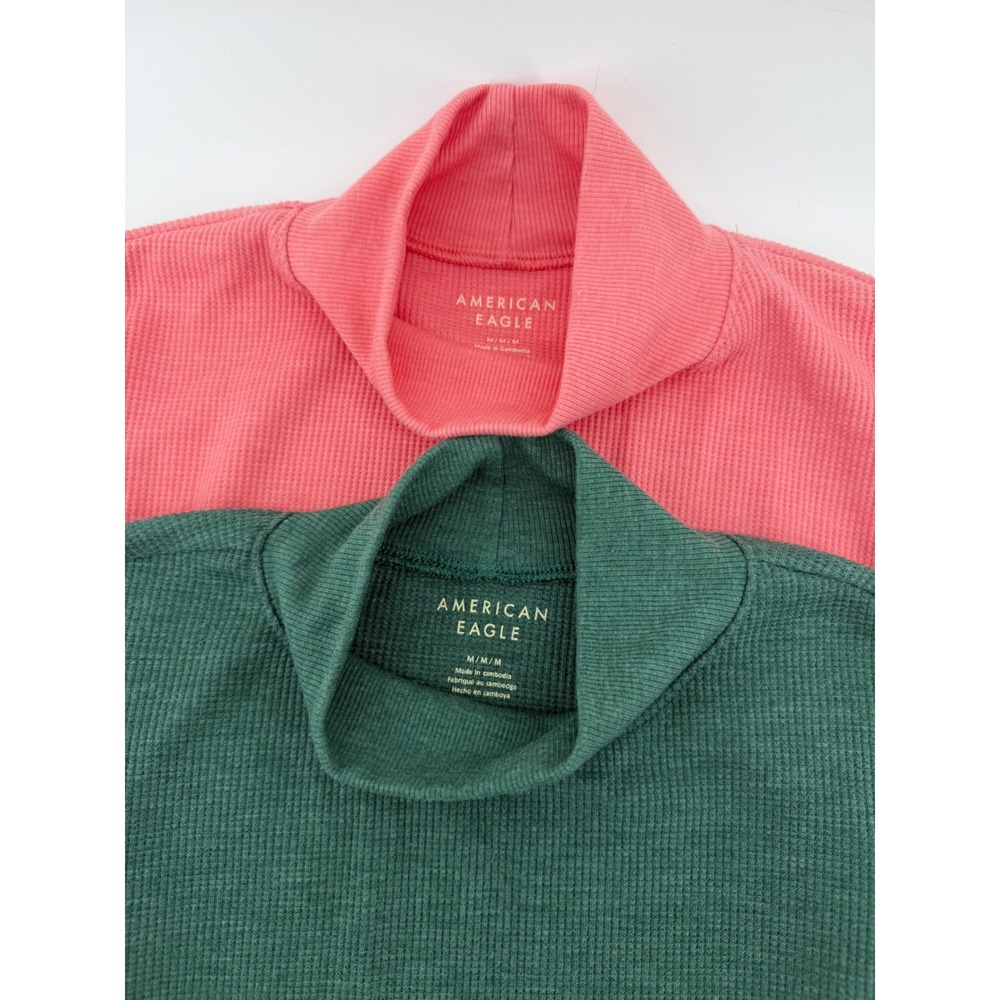 American Eagle Waffle Knit Mock Neck Long Sleeve Top Set Pink Green Medium 2pk